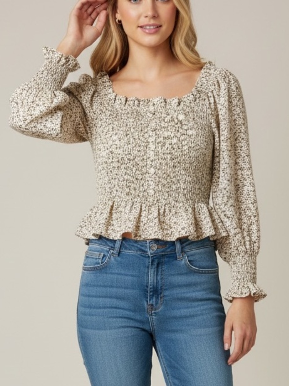 Papermoon Floral Smocked Peplum Blouse L Cottagecore Square Neck Puff Sleeve